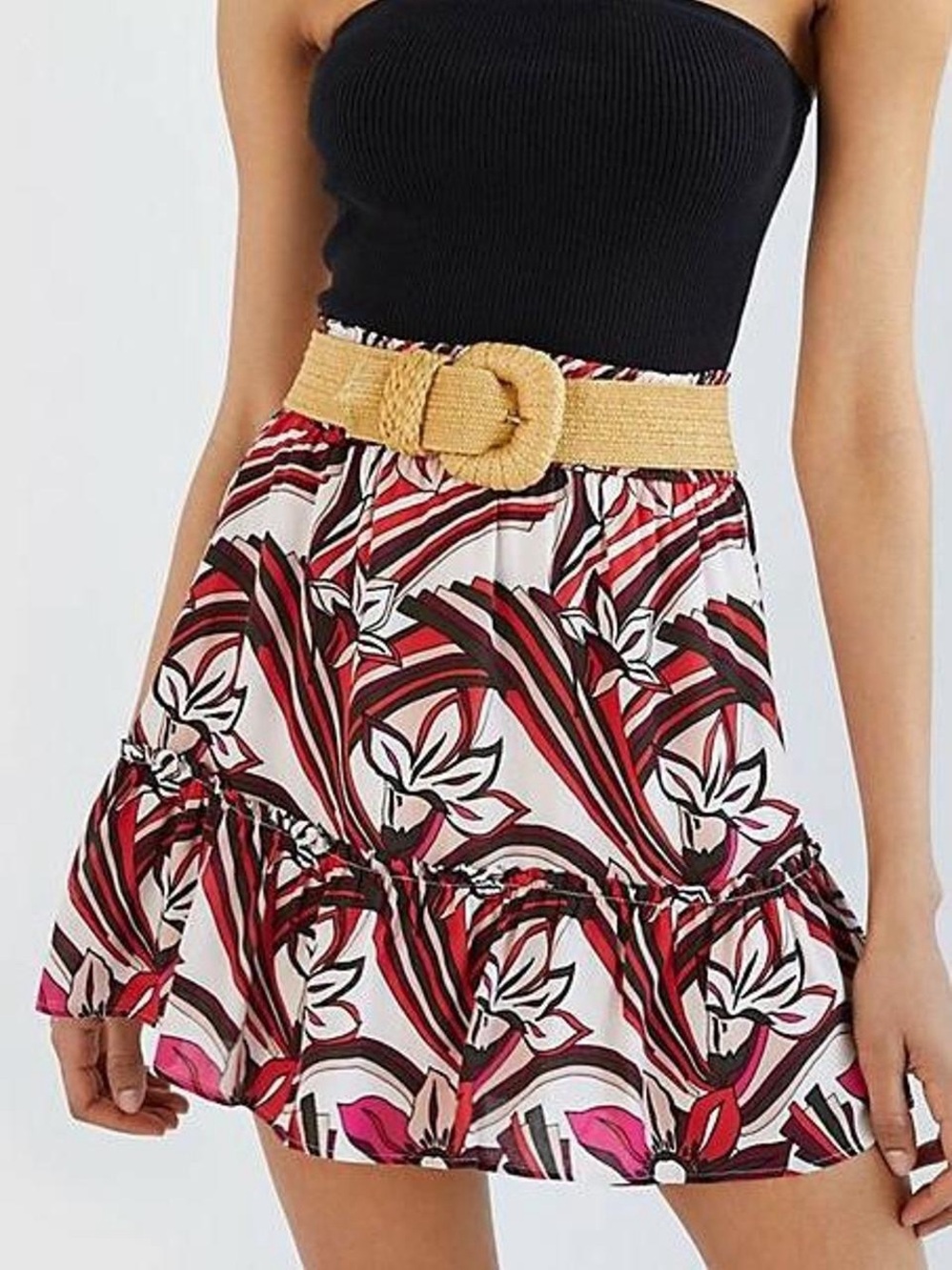 Anthropologie Floral Red and Pink Print Tiered Mini Skirt